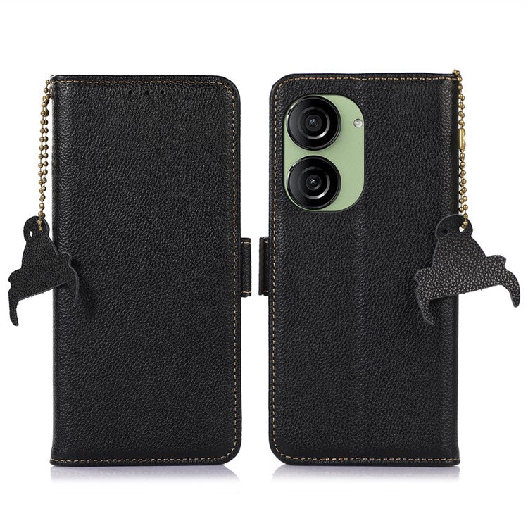 For Asus Zenfone 10 5G RFID Blocking Genuine Cow Leather Phone Case Litchi Texture Stand Wallet Cover - Black