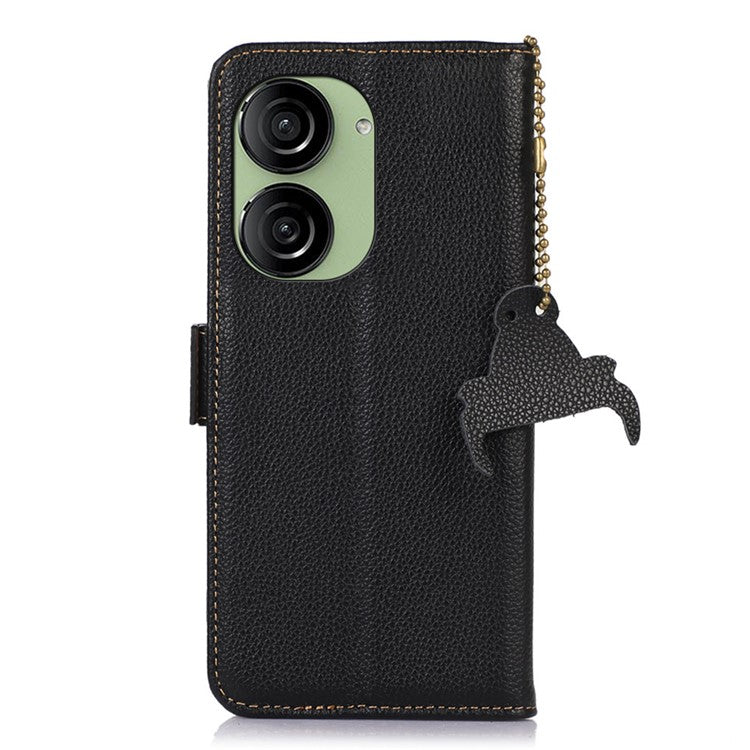 For Asus Zenfone 10 5G RFID Blocking Genuine Cow Leather Phone Case Litchi Texture Stand Wallet Cover - Black