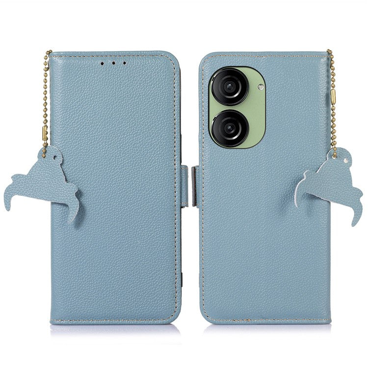 For Asus Zenfone 10 5G RFID Blocking Genuine Cow Leather Phone Case Litchi Texture Stand Wallet Cover - Blue