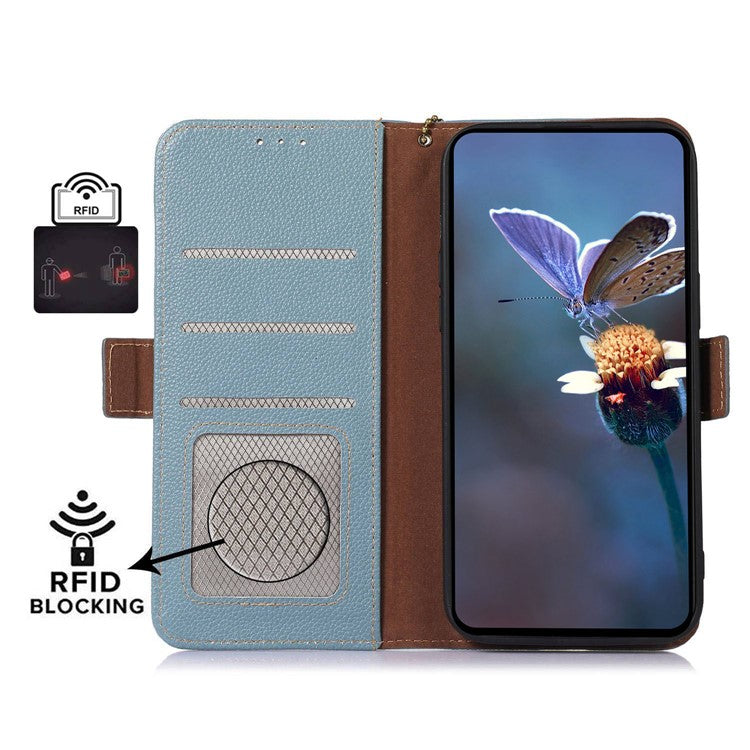 For Asus Zenfone 10 5G RFID Blocking Genuine Cow Leather Phone Case Litchi Texture Stand Wallet Cover - Blue