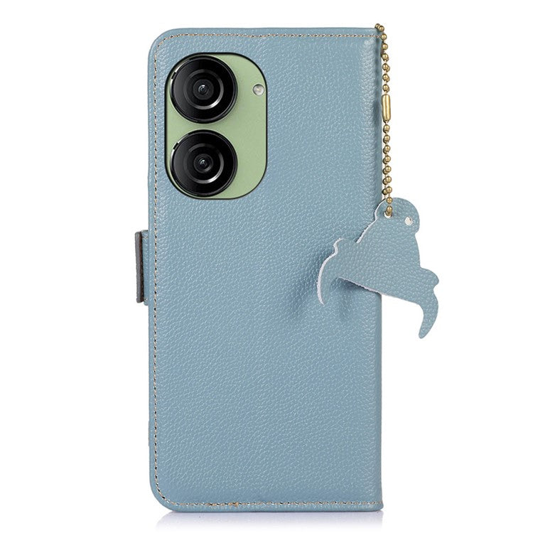 For Asus Zenfone 10 5G RFID Blocking Genuine Cow Leather Phone Case Litchi Texture Stand Wallet Cover - Blue