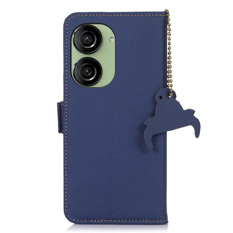 For Asus Zenfone 10 5G RFID Blocking Genuine Cow Leather Phone Case Litchi Texture Stand Wallet Cover - Sapphire