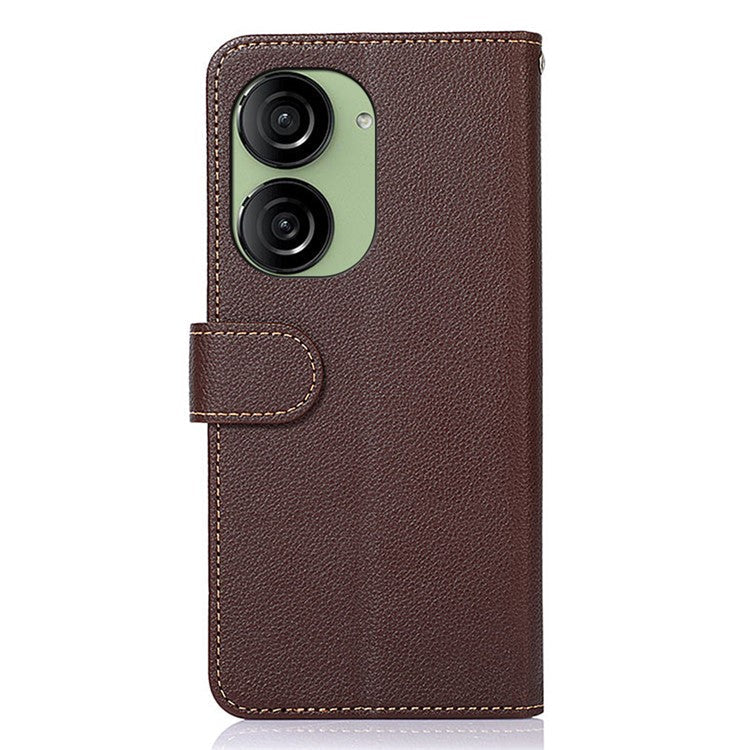KHAZNEH For Asus Zenfone 10 5G PU Leather Case Litchi Texture Wallet RFID Blocking Stand Phone Cover - Brown