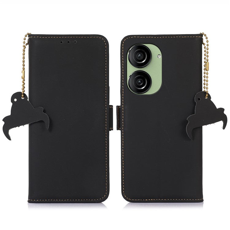 For Asus Zenfone 10 5G Silky Feeling Genuine Cow Leather Phone Cover RFID Blocking Wallet Stand Case - Black