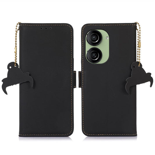 For Asus Zenfone 10 5G Silky Feeling Genuine Cow Leather Phone Cover RFID Blocking Wallet Stand Case - Black