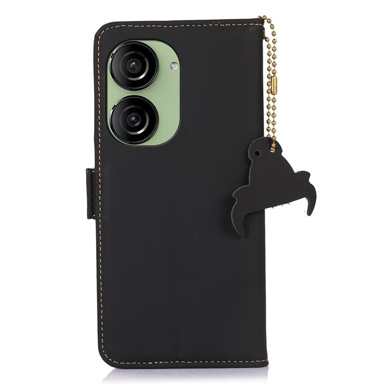 For Asus Zenfone 10 5G Silky Feeling Genuine Cow Leather Phone Cover RFID Blocking Wallet Stand Case - Black