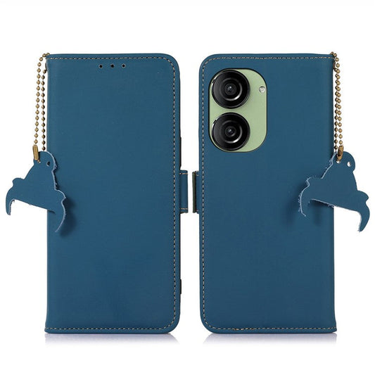 For Asus Zenfone 10 5G Silky Feeling Genuine Cow Leather Phone Cover RFID Blocking Wallet Stand Case - Blue