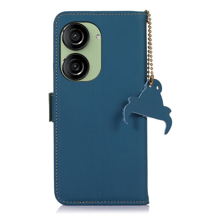 For Asus Zenfone 10 5G Silky Feeling Genuine Cow Leather Phone Cover RFID Blocking Wallet Stand Case - Blue