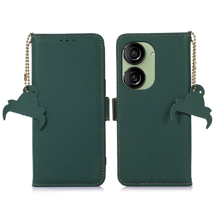 For Asus Zenfone 10 5G Silky Feeling Genuine Cow Leather Phone Cover RFID Blocking Wallet Stand Case - Green