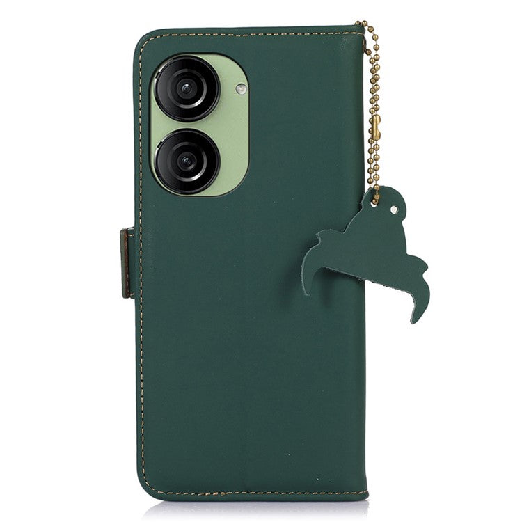 For Asus Zenfone 10 5G Silky Feeling Genuine Cow Leather Phone Cover RFID Blocking Wallet Stand Case - Green