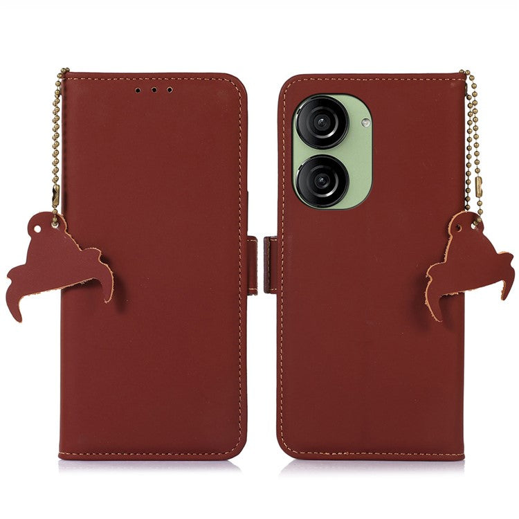 For Asus Zenfone 10 5G Silky Feeling Genuine Cow Leather Phone Cover RFID Blocking Wallet Stand Case - Coffee