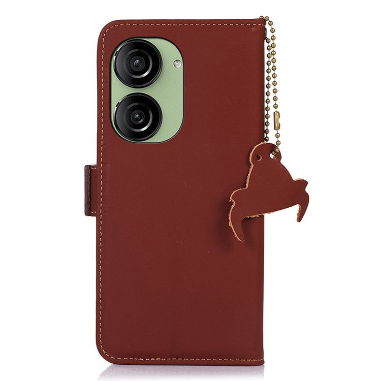 For Asus Zenfone 10 5G Silky Feeling Genuine Cow Leather Phone Cover RFID Blocking Wallet Stand Case - Coffee