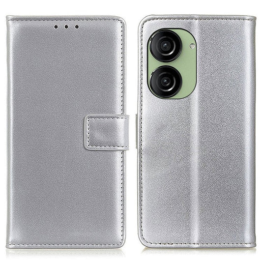 For Asus Zenfone 10 5G Textured PU Leather Cover Shockproof Wallet Stand Phone Case - Silver