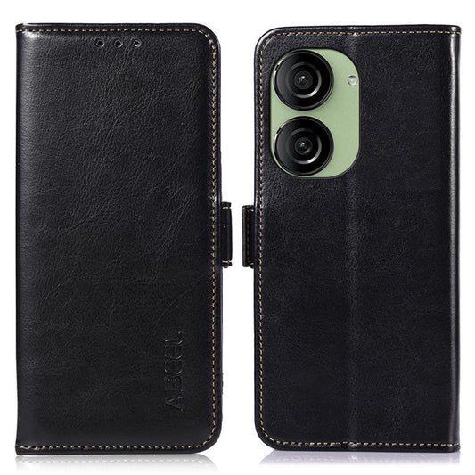 ABEEL For Asus Zenfone 10 5G Crazy Horse Texture Phone Case PU Leather Wallet Stand Cover - Black