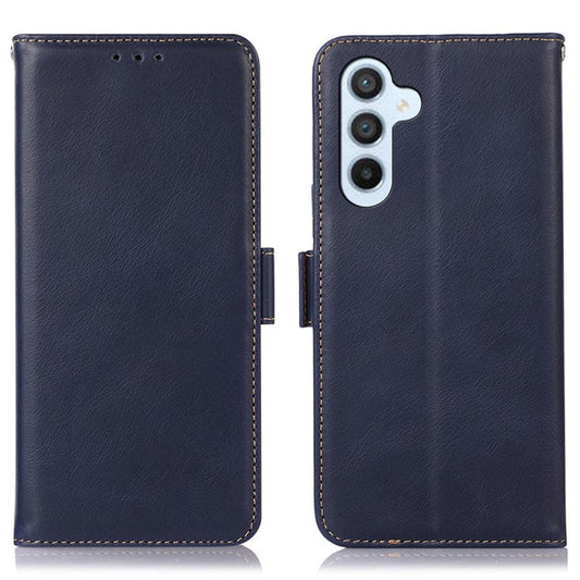 For Samsung Galaxy S23 FE RFID Blocking Crazy Horse Texture Genuine Cow Leather Wallet Stand Cover Phone Case - Blue
