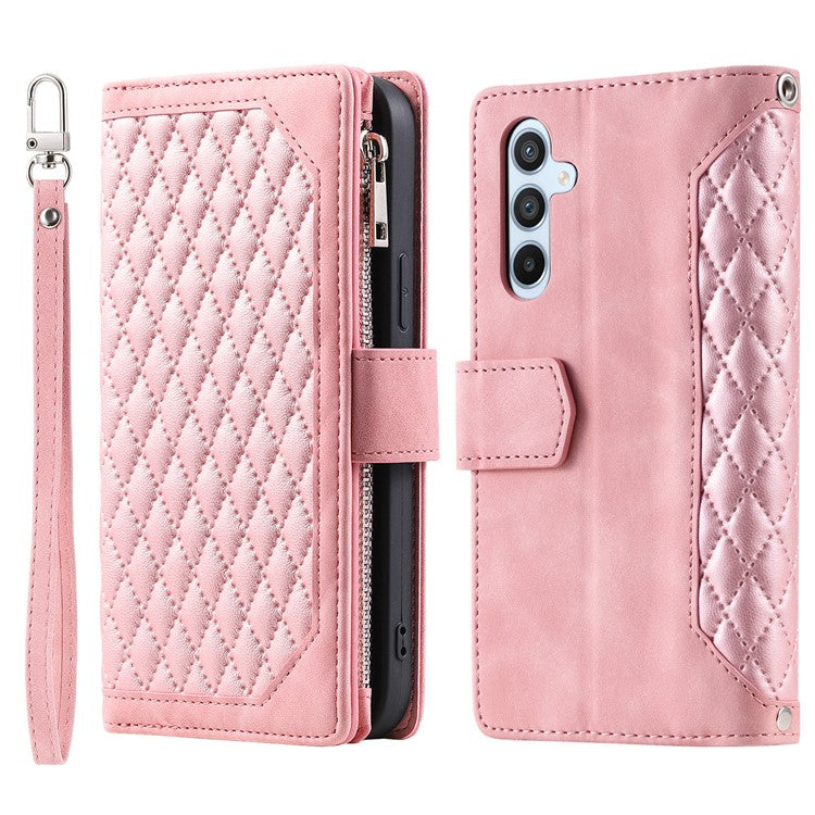 For Samsung Galaxy A25 5G (Global) (161.0 x 76.5 x 8.3mm) Rhombus Texture PU Leather Phone Case Shell Wallet Stand Cover with Hand Strap - Rose Gold