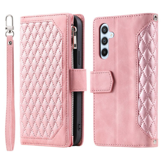 For Samsung Galaxy A25 5G (Global) (161.0 x 76.5 x 8.3mm) Rhombus Texture PU Leather Phone Case Shell Wallet Stand Cover with Hand Strap - Rose Gold