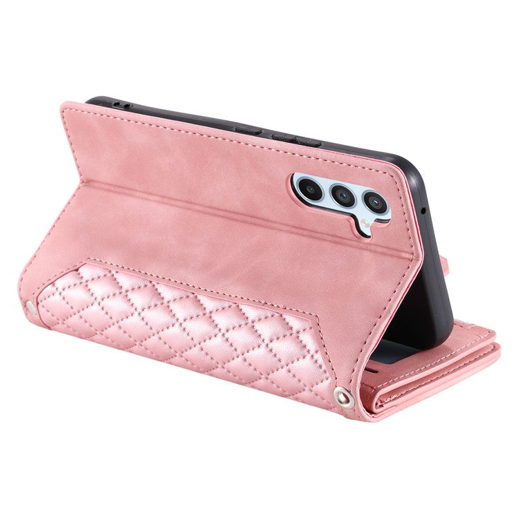 For Samsung Galaxy A25 5G (Global) (161.0 x 76.5 x 8.3mm) Rhombus Texture PU Leather Phone Case Shell Wallet Stand Cover with Hand Strap - Rose Gold