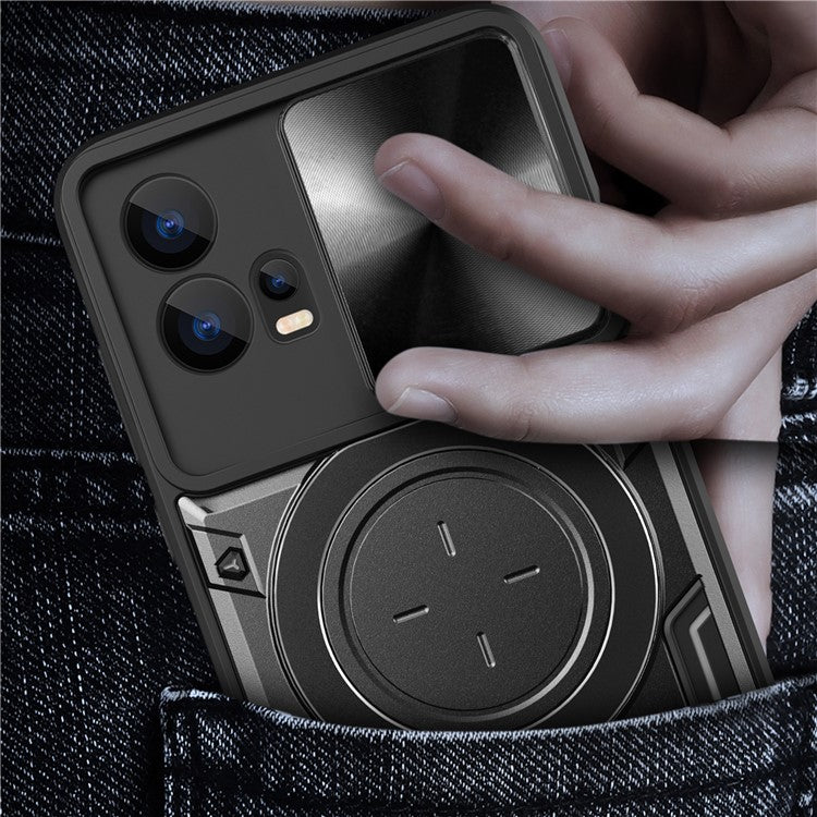 For Motorola Edge 30 Fusion 5G / Moto S30 Pro 5G Phone Cover Slide Camera Lid PC+TPU Case with Ring Kickstand - Black