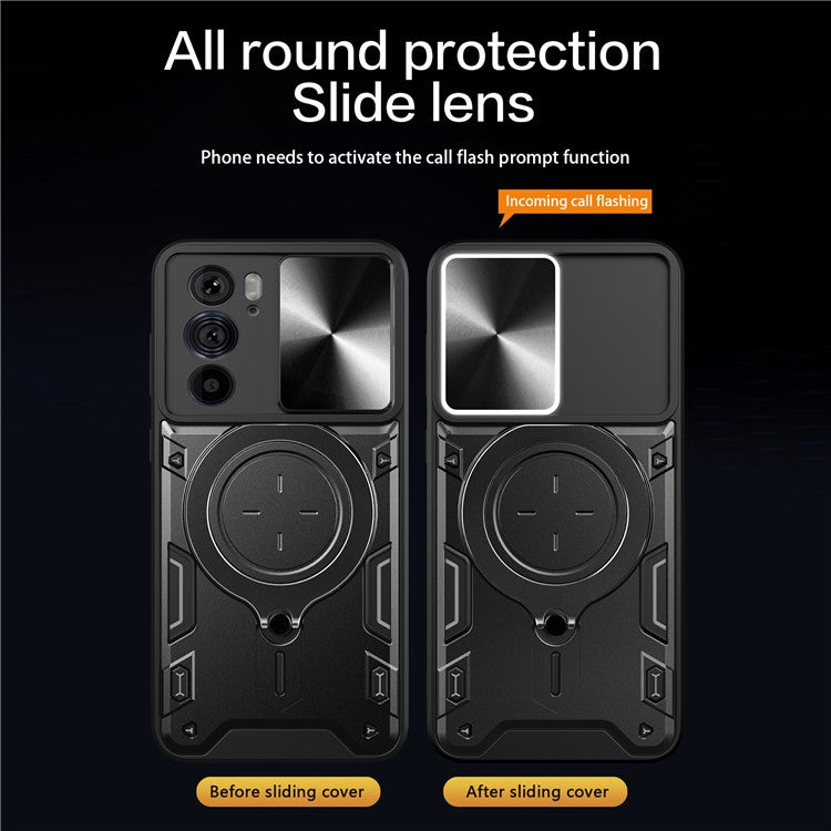 For Motorola Edge 30 Pro (Motorola Edge+ (2022)) Slide Camera Lid Ring Kickstand PC+TPU Phone Case - Black