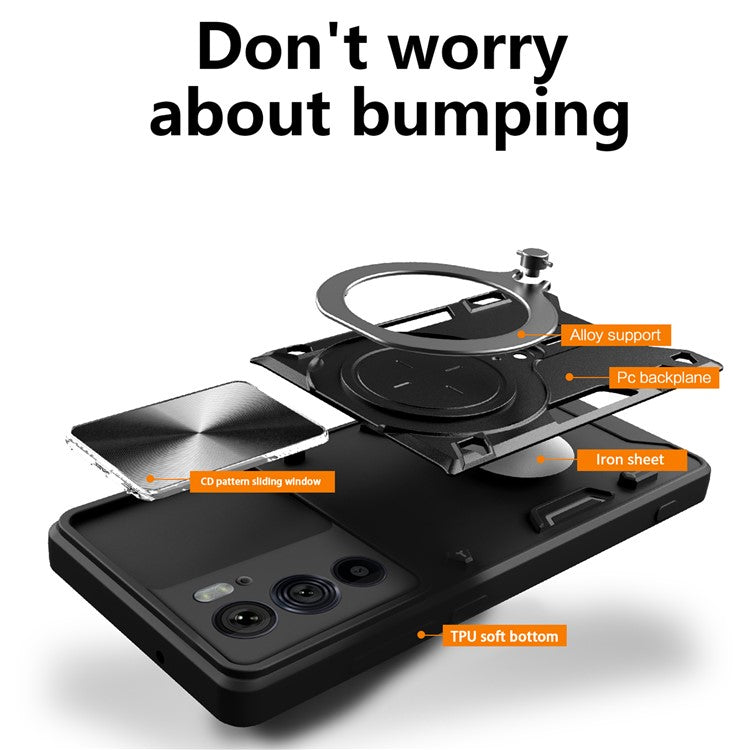 For Motorola Edge 30 Pro (Motorola Edge+ (2022)) Slide Camera Lid Ring Kickstand PC+TPU Phone Case - Black
