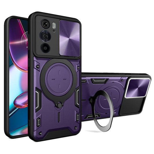 For Motorola Edge 30 Pro (Motorola Edge+ (2022)) Slide Camera Lid Ring Kickstand PC+TPU Phone Case - Purple