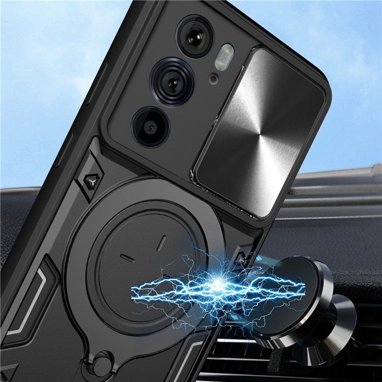 For Motorola Edge 30 Pro (Motorola Edge+ (2022)) Slide Camera Lid Ring Kickstand PC+TPU Phone Case - Purple