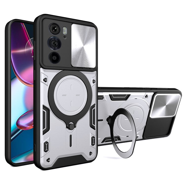 For Motorola Edge 30 Pro (Motorola Edge+ (2022)) Slide Camera Lid Ring Kickstand PC+TPU Phone Case - Silver