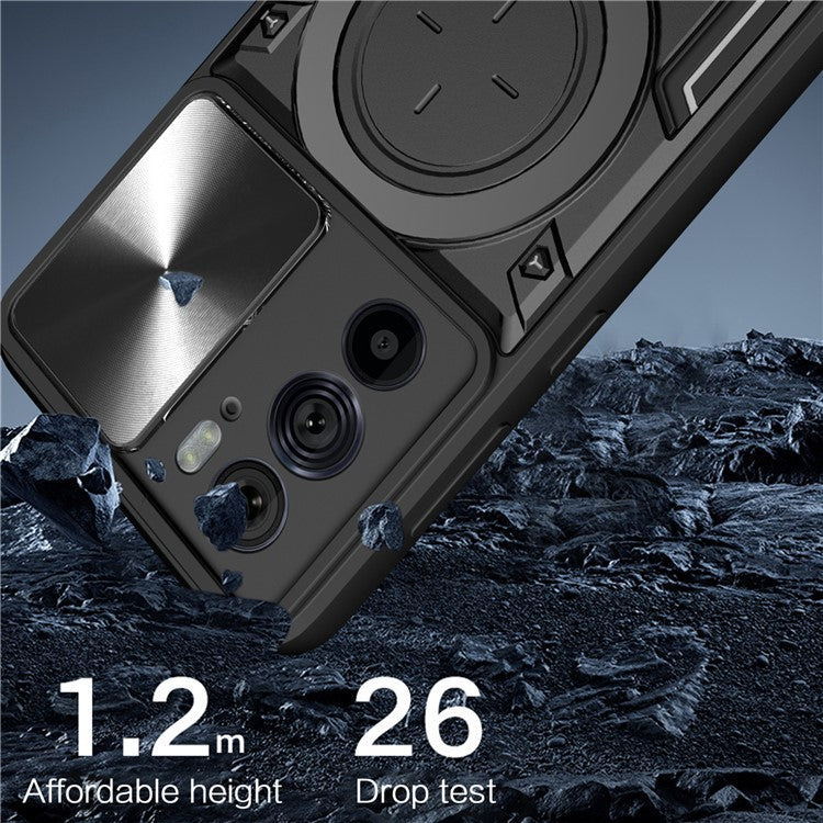 For Motorola Edge 30 Pro (Motorola Edge+ (2022)) Slide Camera Lid Ring Kickstand PC+TPU Phone Case - Silver