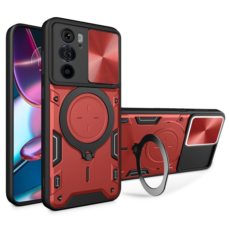 For Motorola Edge 30 Pro (Motorola Edge+ (2022)) Slide Camera Lid Ring Kickstand PC+TPU Phone Case - Red