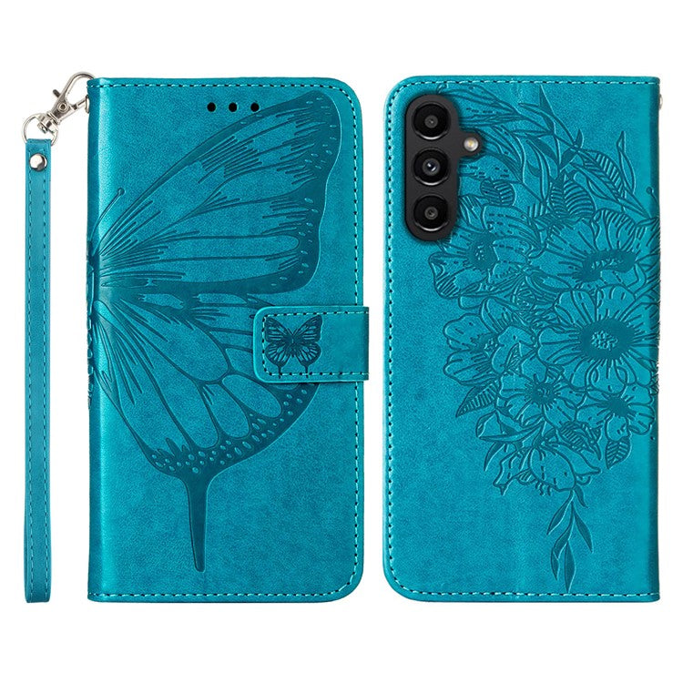 YB Imprinting Series-4 For Samsung Galaxy S23 FE Leather Wallet Case Butterfly Imprinted Phone Stand Cover with Strap - Blue