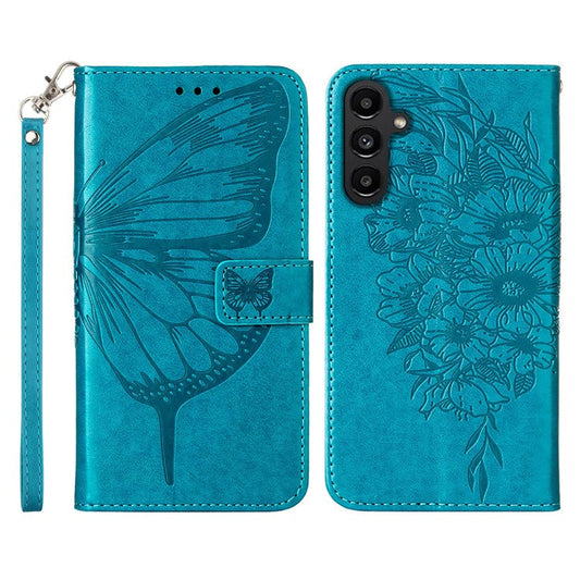 YB Imprinting Series-4 For Samsung Galaxy S23 FE Leather Wallet Case Butterfly Imprinted Phone Stand Cover with Strap - Blue