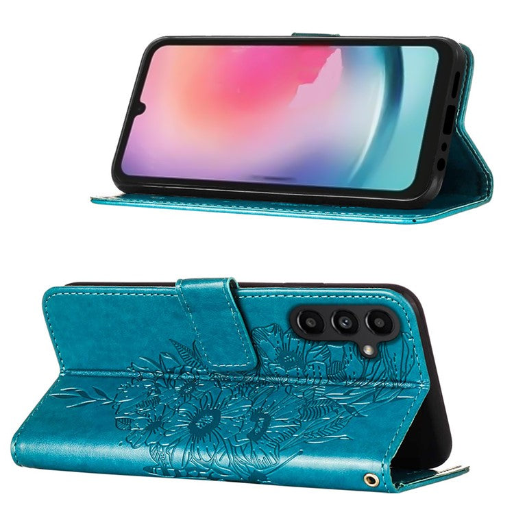 YB Imprinting Series-4 For Samsung Galaxy S23 FE Leather Wallet Case Butterfly Imprinted Phone Stand Cover with Strap - Blue