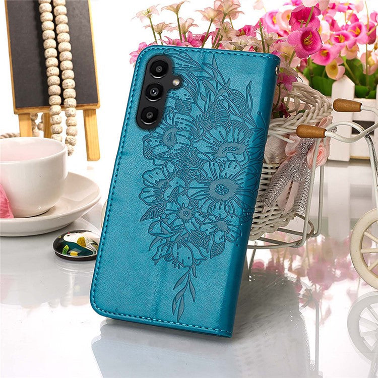 YB Imprinting Series-4 For Samsung Galaxy S23 FE Leather Wallet Case Butterfly Imprinted Phone Stand Cover with Strap - Blue