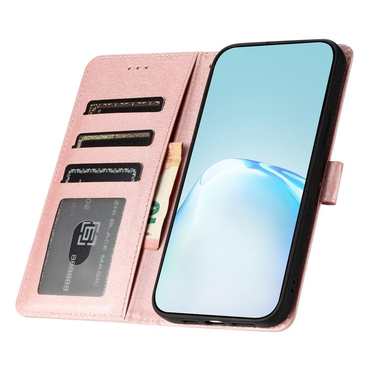 Silk Texture Shell for Oppo A57 (2022) 5G / A77 5G Wallet Phone Case Leather Cover with Wrist Strap - Rose Gold
