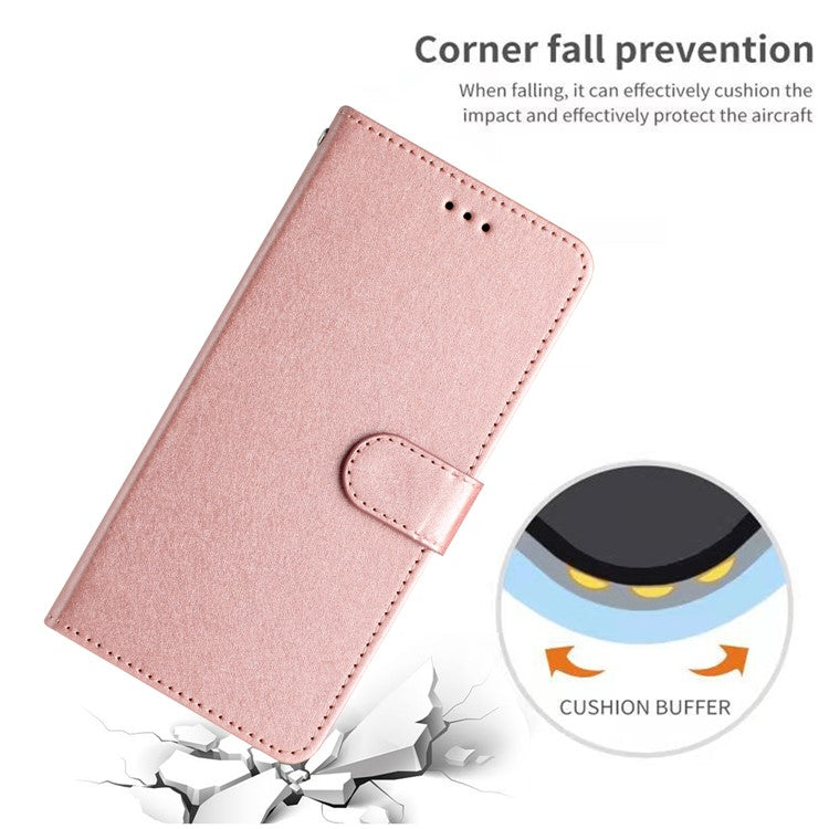 Silk Texture Shell for Oppo A57 (2022) 5G / A77 5G Wallet Phone Case Leather Cover with Wrist Strap - Rose Gold