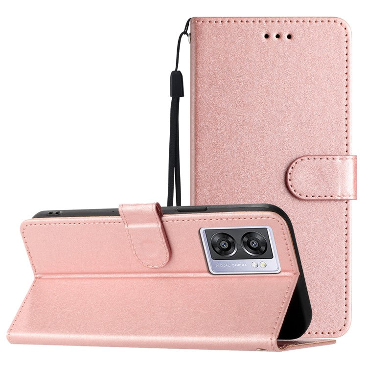 Silk Texture Shell for Oppo A57 (2022) 5G / A77 5G Wallet Phone Case Leather Cover with Wrist Strap - Rose Gold