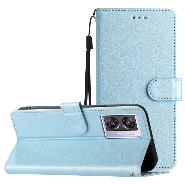 Silk Texture Shell for Oppo A57 (2022) 5G / A77 5G Wallet Phone Case Leather Cover with Wrist Strap - Sky Blue