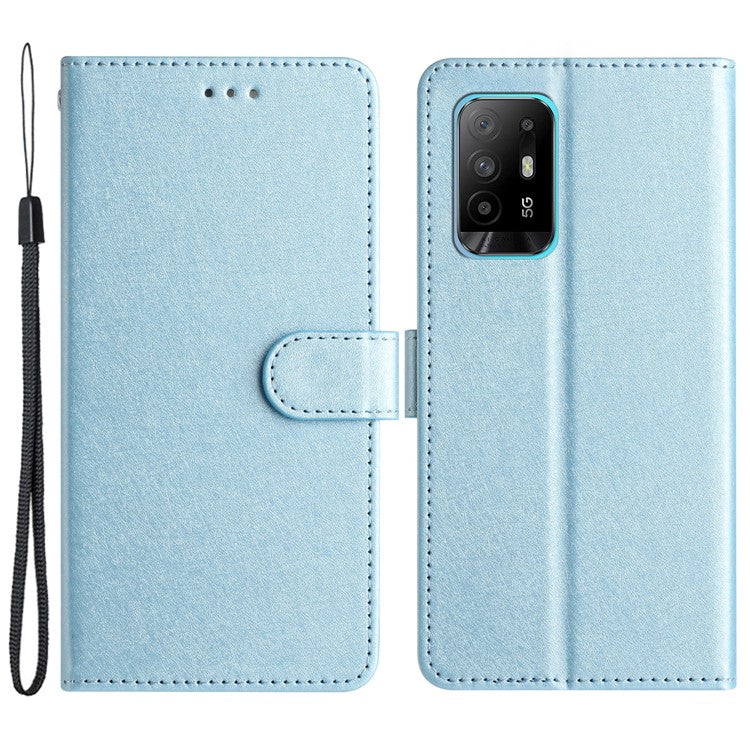 Stand Shell for Oppo A94 5G Bump Proof Wallet Phone Case Silk Texture Leather Cover with Wrist Strap - Sky Blue