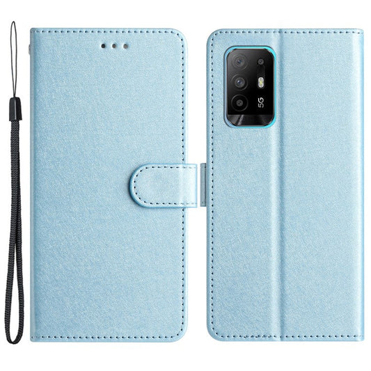 Stand Shell for Oppo A94 5G Bump Proof Wallet Phone Case Silk Texture Leather Cover with Wrist Strap - Sky Blue