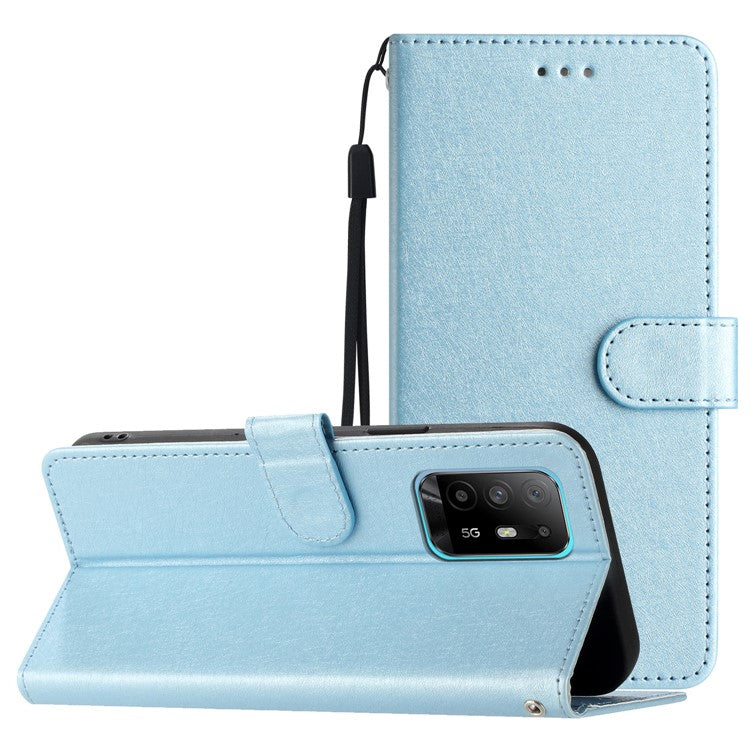 Stand Shell for Oppo A94 5G Bump Proof Wallet Phone Case Silk Texture Leather Cover with Wrist Strap - Sky Blue