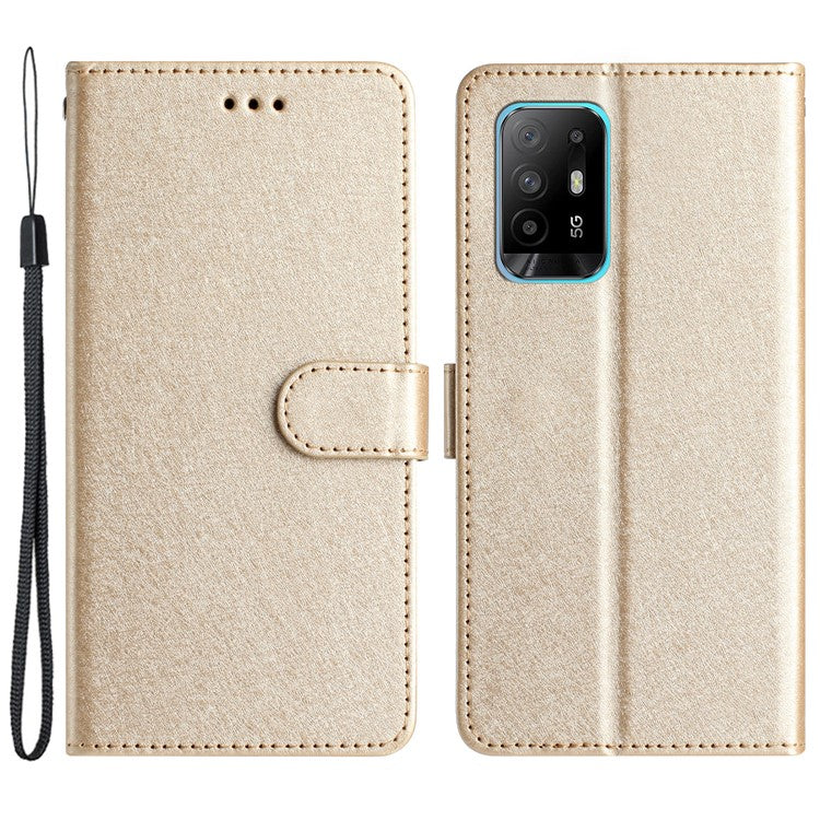 Stand Shell for Oppo A94 5G Bump Proof Wallet Phone Case Silk Texture Leather Cover with Wrist Strap - Gold