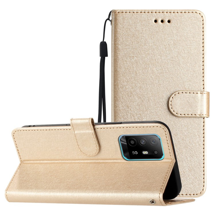 Stand Shell for Oppo A94 5G Bump Proof Wallet Phone Case Silk Texture Leather Cover with Wrist Strap - Gold
