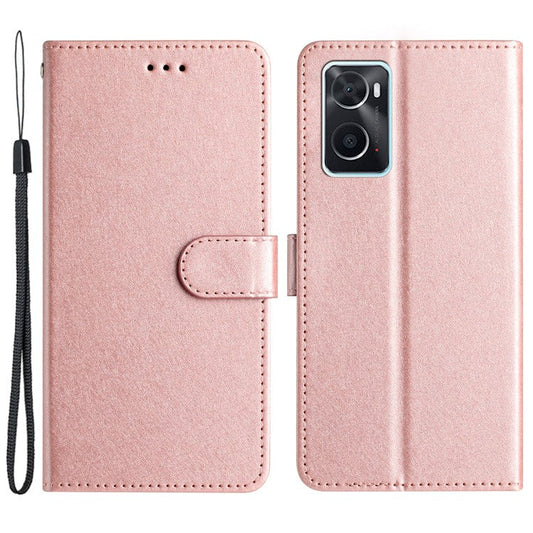Stand Shell for Oppo A76 / A36 / A96 4G Silk Texture Wallet Phone Case Leather Cover with Wrist Strap - Rose Gold
