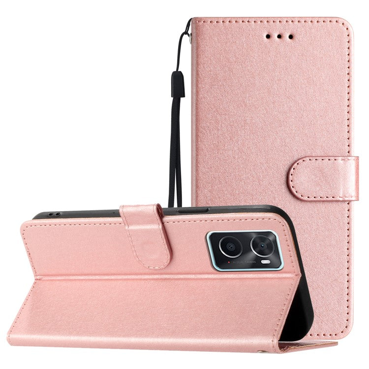 Stand Shell for Oppo A76 / A36 / A96 4G Silk Texture Wallet Phone Case Leather Cover with Wrist Strap - Rose Gold