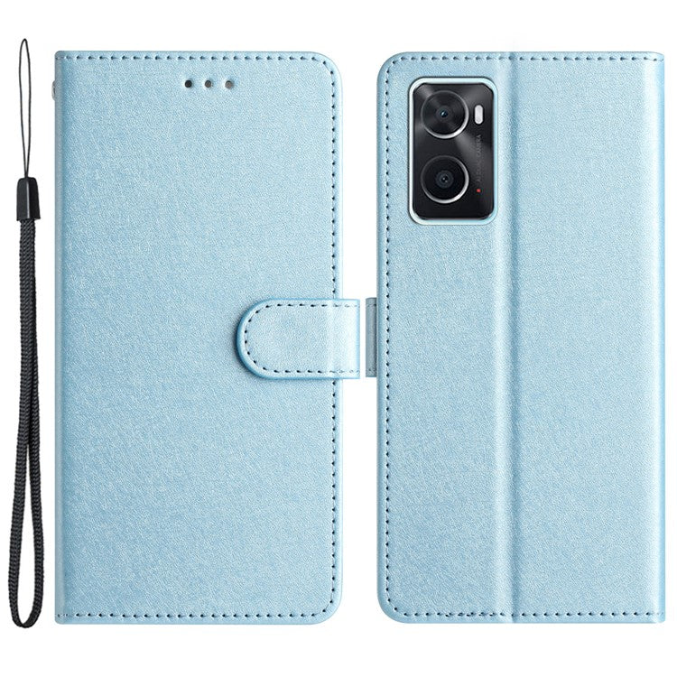 Stand Shell for Oppo A76 / A36 / A96 4G Silk Texture Wallet Phone Case Leather Cover with Wrist Strap - Sky Blue
