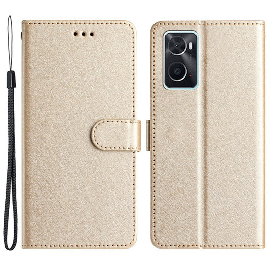Stand Shell for Oppo A76 / A36 / A96 4G Silk Texture Wallet Phone Case Leather Cover with Wrist Strap - Gold