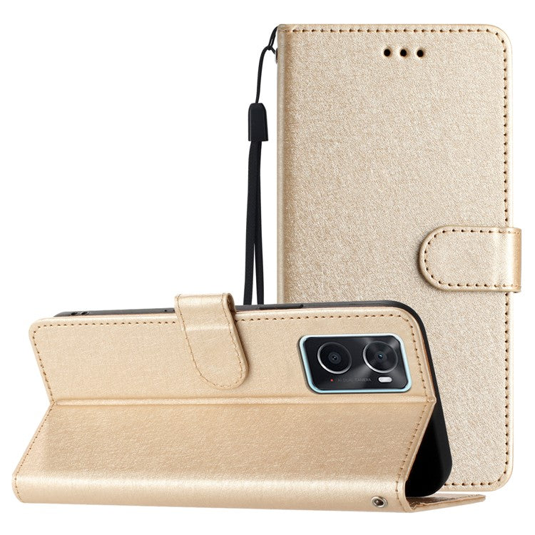 Stand Shell for Oppo A76 / A36 / A96 4G Silk Texture Wallet Phone Case Leather Cover with Wrist Strap - Gold