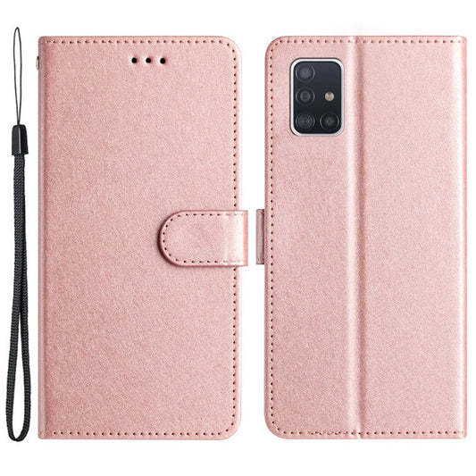 For Samsung Galaxy A51 4G SM-A515 Anti-drop Leather Phone Wallet Stand Cover Silk Texture Case with Hand Strap - Rose Gold
