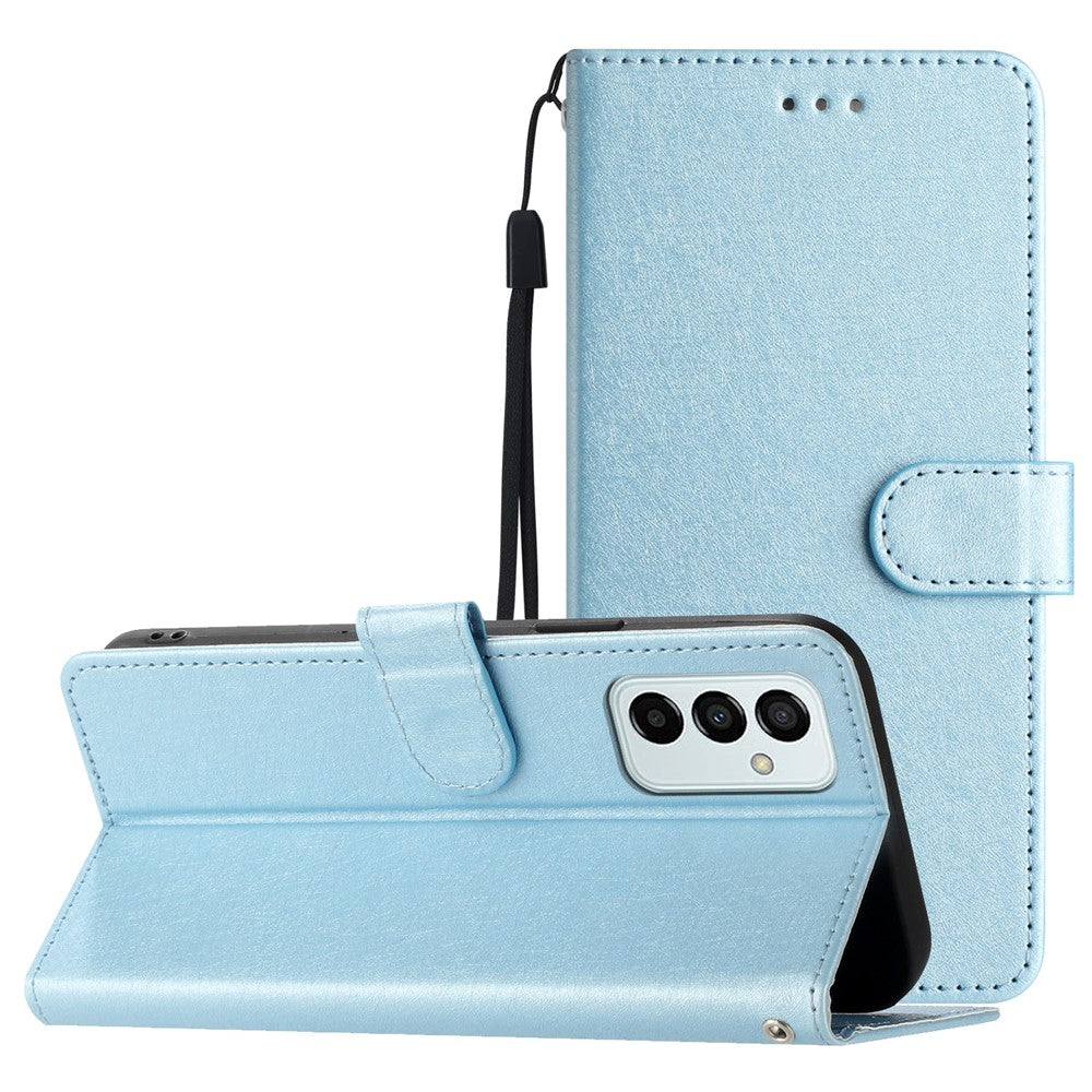 Phone Wallet for Samsung Galaxy M23 5G / F23 5G Silk Texture PU Leather Stand Cover Hand Strap Flip Case - Sky Blue